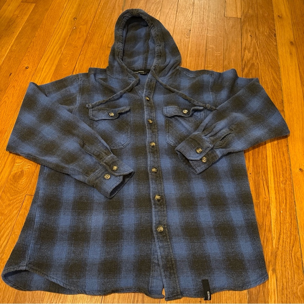 Vintage Straight Faded Blue and Black Plaid Hooded Flannel Men’s Medium